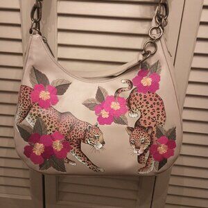 ANUSCHKA Leopard Garden hand painted and embroidered leather Hobo bag.